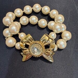 RARE Vintage Givenchy Faux Pearl Double Strand Bracelet Gold Crystal Bow Clasp